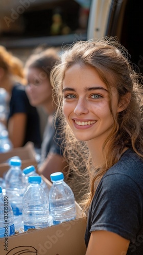 Obraz na płótnie A young woman with long, wavy hair smiles brightly while helping to distribute water bottles to a group in a busy community gathering. Sunlight enhances the joyful atmosphere w salonie