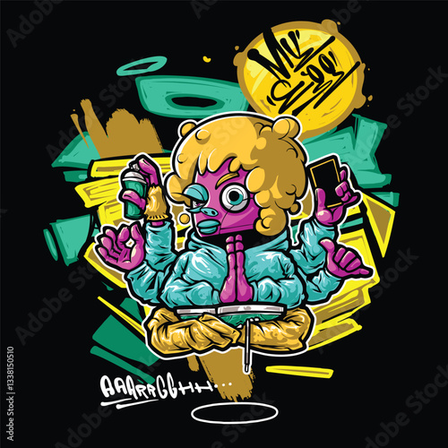A vibrant and colorful graffiti-style vector illustration featuring a street art character with a snapback, hoodie, and sunglasses. Perfect for T-shirt designs, urban merchandise, and hip-hop-inspired