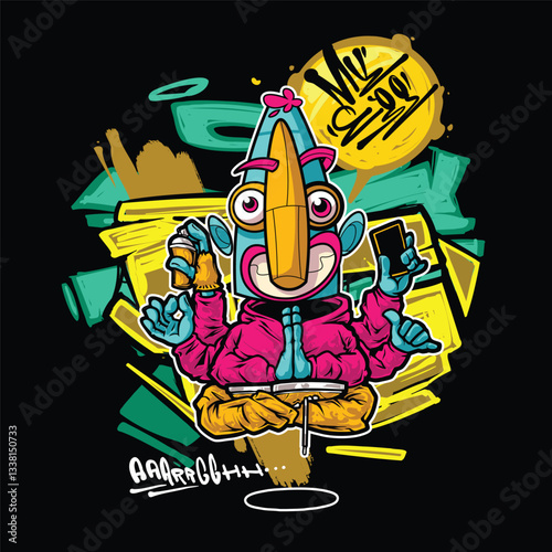 A vibrant and colorful graffiti-style vector illustration featuring a street art character with a snapback, hoodie, and sunglasses. Perfect for T-shirt designs, urban merchandise, and hip-hop-inspired