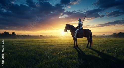 Medieval Knight on Horseback at Sunset Epic Landscape Green Field