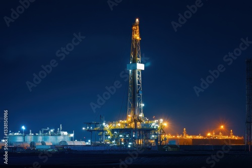 Stunning long exposure night shot showcasing the vibrant lights of an oil drilling site against a starry sky.