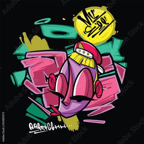 A vibrant and colorful graffiti-style vector illustration featuring a street art character with a snapback, hoodie, and sunglasses. Perfect for T-shirt designs, urban merchandise, and hip-hop-inspired