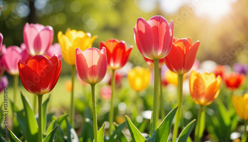 Vibrant tulips blooming in sunny garden, cheerful spring beauty