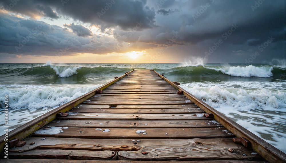 Fototapeta premium Weathered pier stretching into turbulent ocean under stormy skies, resilience