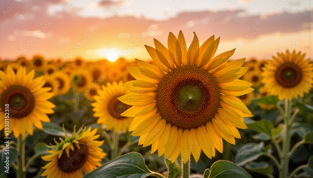 Fototapeta premium Vibrant sunflowers glowing at sunset, nature's beauty