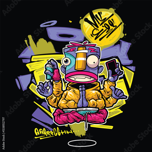 A vibrant and colorful graffiti-style vector illustration featuring a street art character with a snapback, hoodie, and sunglasses. Perfect for T-shirt designs, urban merchandise, and hip-hop-inspired
