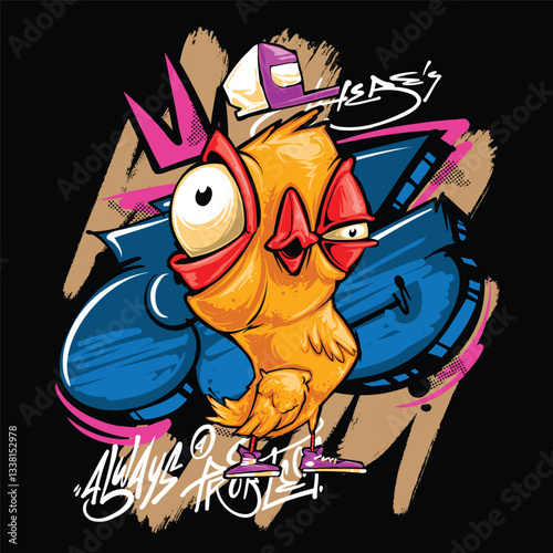 A vibrant and colorful graffiti-style vector illustration featuring a street art character with a snapback, hoodie, and sunglasses. Perfect for T-shirt designs, urban merchandise, and hip-hop-inspired
