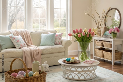 Serene Living Room Decor: Captivating interior scene showcasing a well-lit living room with elegant decorations, soft furnishings, and a touch of spring's beauty with the flower and easter eggs.
