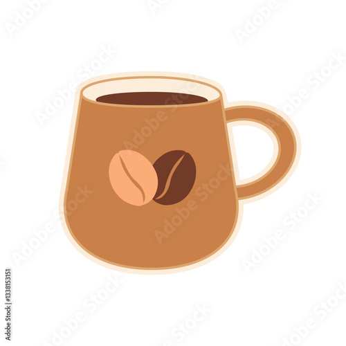 Coffee cup, mug with coffee beans print. Flat vector illustration. Sticker, label, symbol, clipart for coffee lovers, menu, coffee shop, branding, kitchen, cafe, cafeteria.