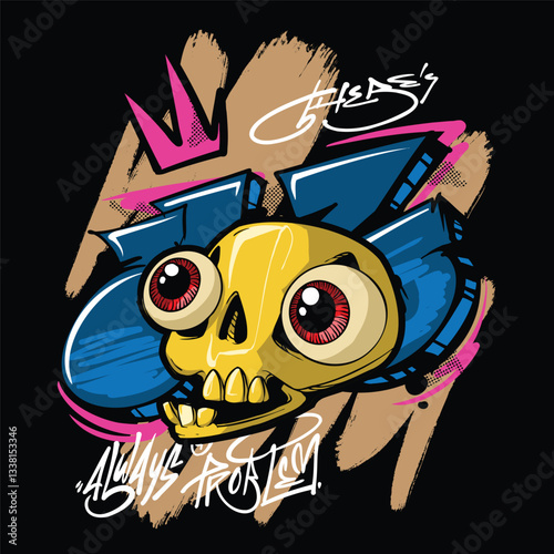 A vibrant and colorful graffiti-style vector illustration featuring a street art character with a snapback, hoodie, and sunglasses. Perfect for T-shirt designs, urban merchandise, and hip-hop-inspired