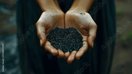 Hands Offering a Generous Portion of Black Seeds