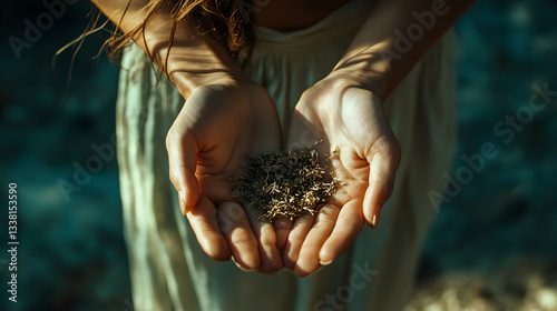 Woman hands gently holding small seeds
