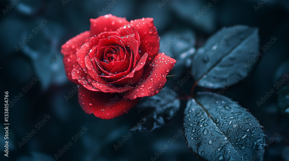 Rose with drops on petals on dark background
