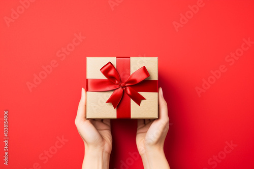 Hands holding a small gift box wrapped in brown paper with a red ribbon on a vibrant red background