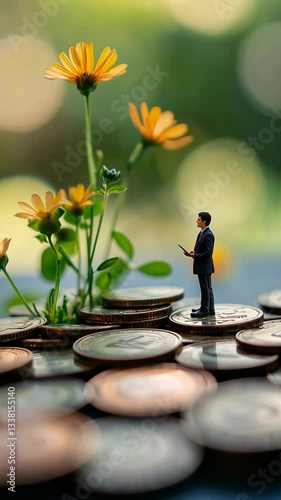 Businessman standing on coins surrounded by flowers symbolizing growth and prosperity in a vibrant setting
