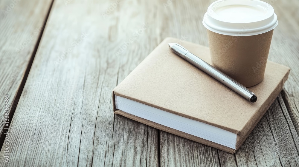 Naklejka premium Coffee pen and notebook on a wooden surface