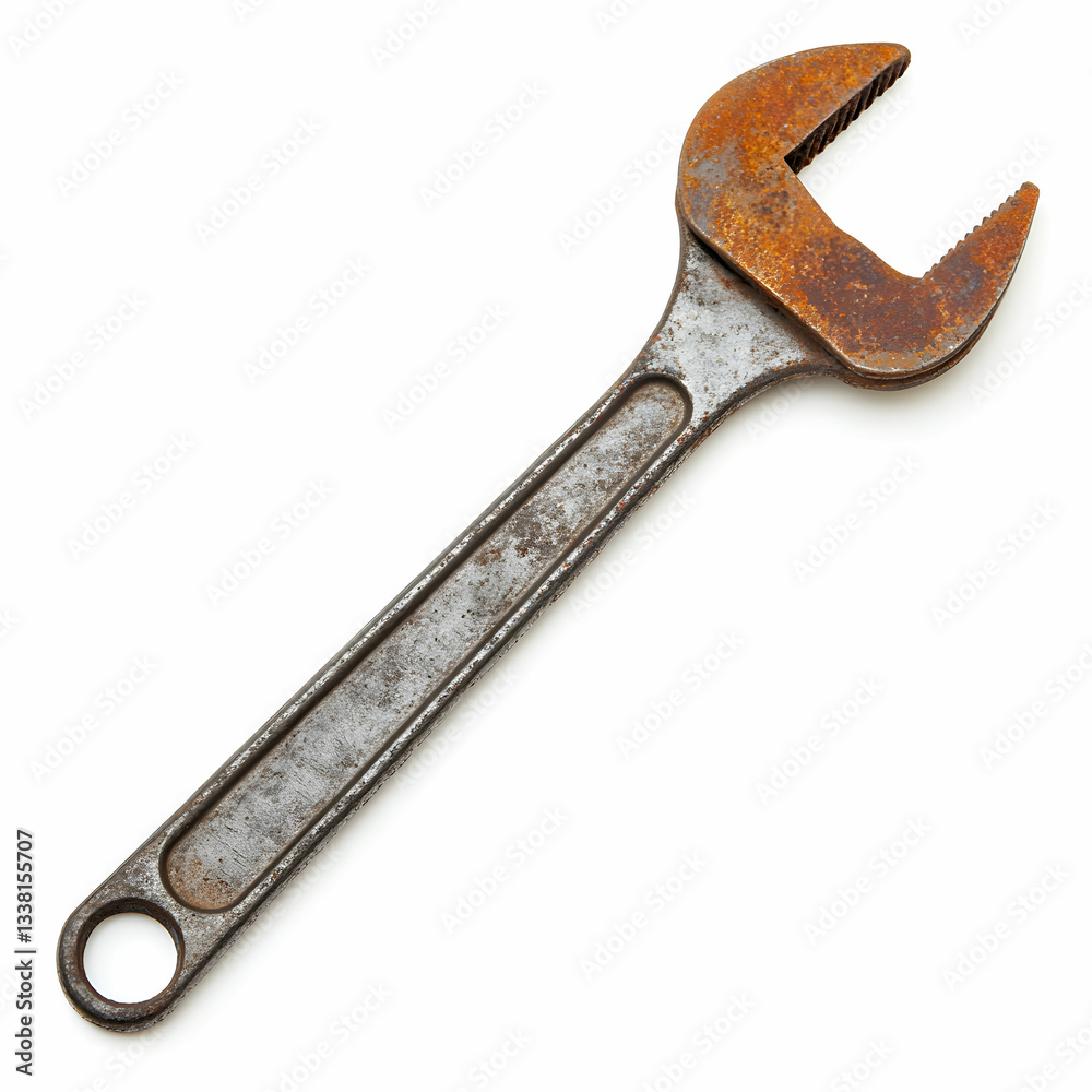 A new rusty crescent stainless steel wrench, isolated against a clean white background A new rusty crescent stainless steel wrench, isolated against a clean white background