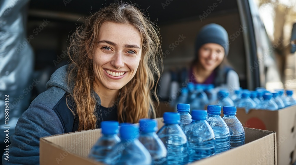 Obraz premium Two enthusiastic volunteers smile while delivering boxes of bottled water to support their community, promoting kindness and assistance among neighbors. Their positive energy shines through