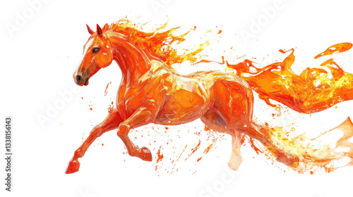 A powerful horse charges forward, its body gleaming with shades of orange and red. Flames swirl around, creating a striking visual effect that enhances the sense of motion