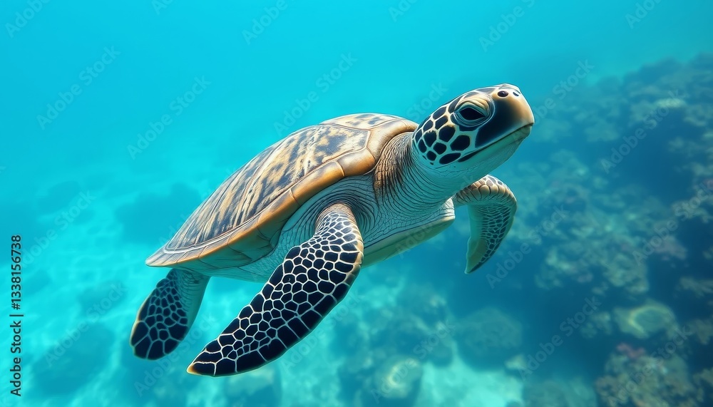 Obraz premium A graceful sea turtle glides effortlessly through the vibrant, cerulean depths, its shell adorned with intricate patterns, a testament to the beauty of marine life.