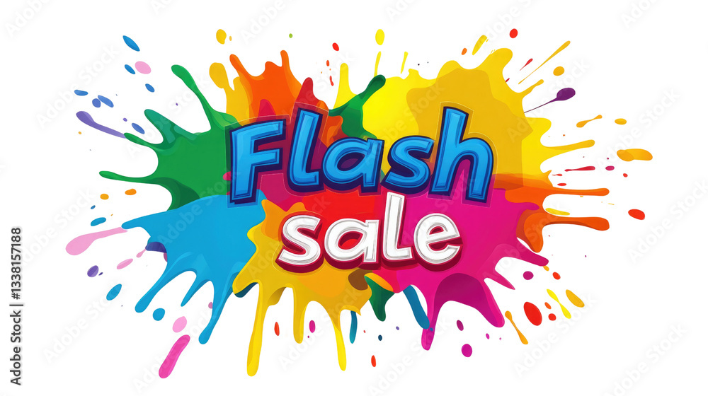 Fototapeta premium A vibrant and colorful announcement showcases a flash sale with bold letters. The playful design features bright splashes of color, creating an energetic atmosphere for shoppers
