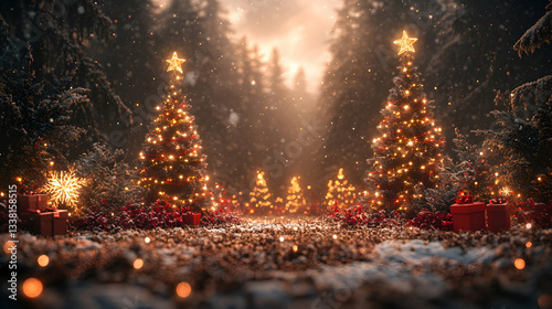 Illuminated Christmas Trees In Snowy Winter Forest