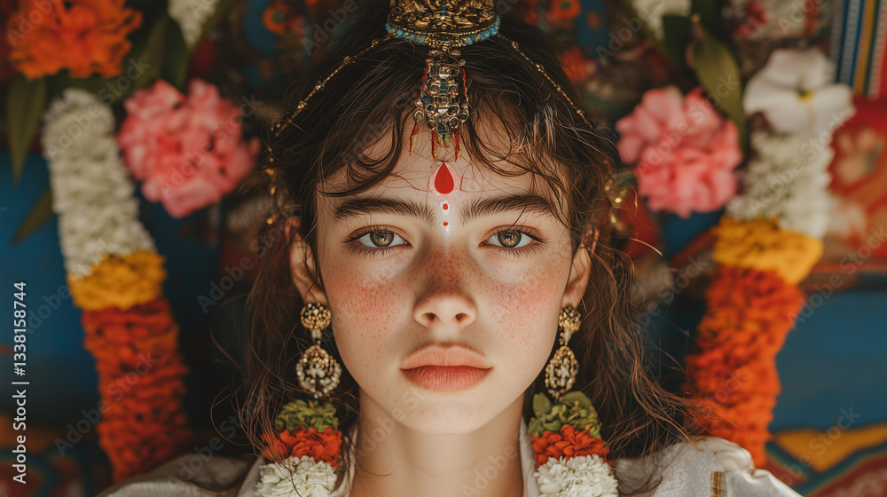 Radiant female model in traditional Hindu attire adorned with floral garlands, jewelry, and cultural makeup, expressing serene beauty and spirituality Radiant female model in traditional Hindu attire adorned with floral garlands, jewelry, and cultural makeup, expressing serene beauty and spirituality