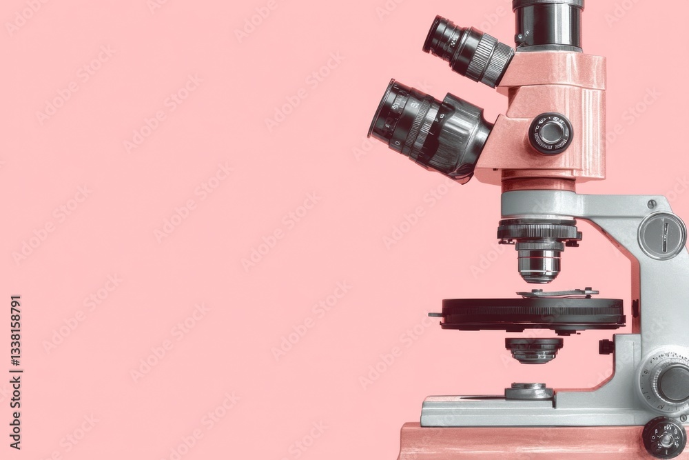 Minimalistic microscope design on pink background for scientific visuals Minimalistic microscope design on pink background for scientific visuals