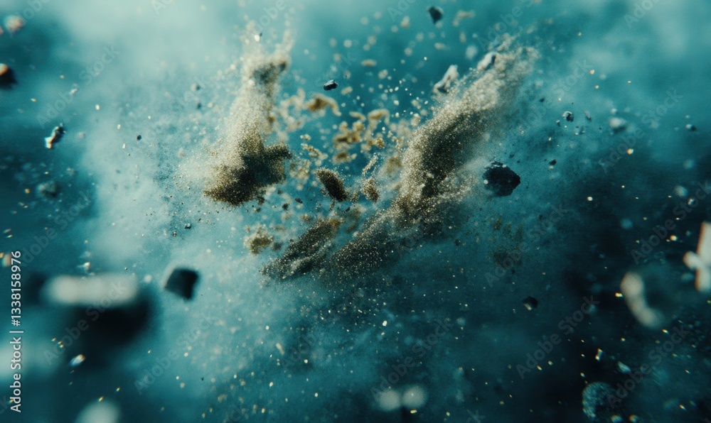 Obraz premium Dust and debris explosion in teal atmosphere for abstract background