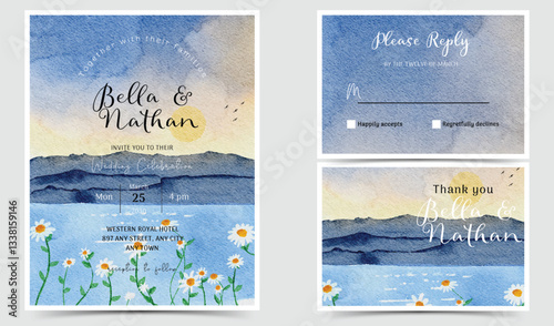 Watercolor wedding invitation suite with sunrise landscape and daisy floral elements includes an invitation, RSVP card, and thank you card