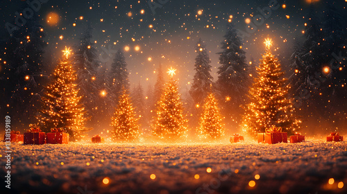 Illuminated Christmas Trees in a Snowy Winter Forest