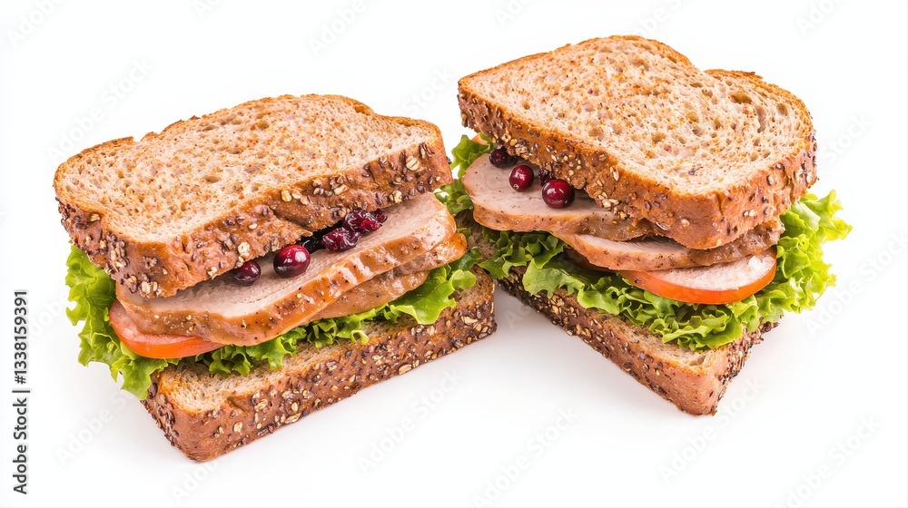 Two Halves of a Delicious Turkey and Cranberry Sandwich on Whole Wheat Bread with Fresh Lettuce and Tomato Isolated on a Clean White Background Two Halves of a Delicious Turkey and Cranberry Sandwich on Whole Wheat Bread with Fresh Lettuce and Tomato Isolated on a Clean White Background