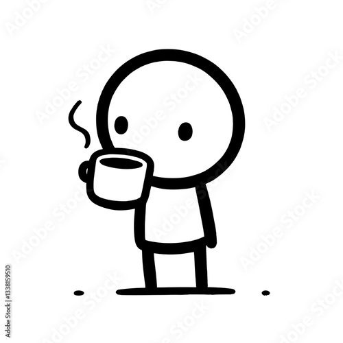 Stick figure drinking coffee with happy expression on white background