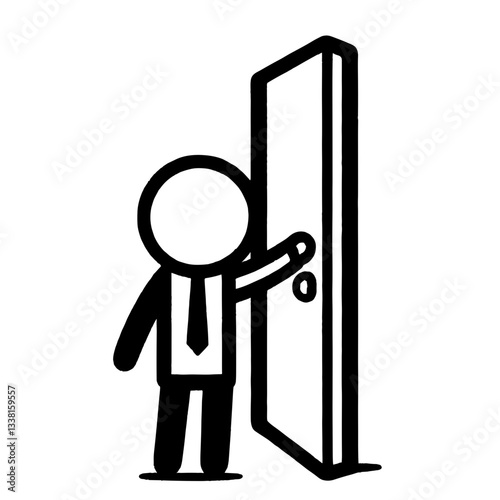 Stick figure in suit opening door with gesture on white background