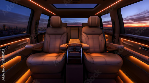 Luxurious SUV Interior at Sunset Cityscape View