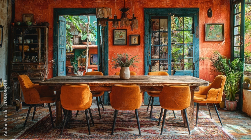 Obraz premium A dining room interior with a wooden table and orange chairs