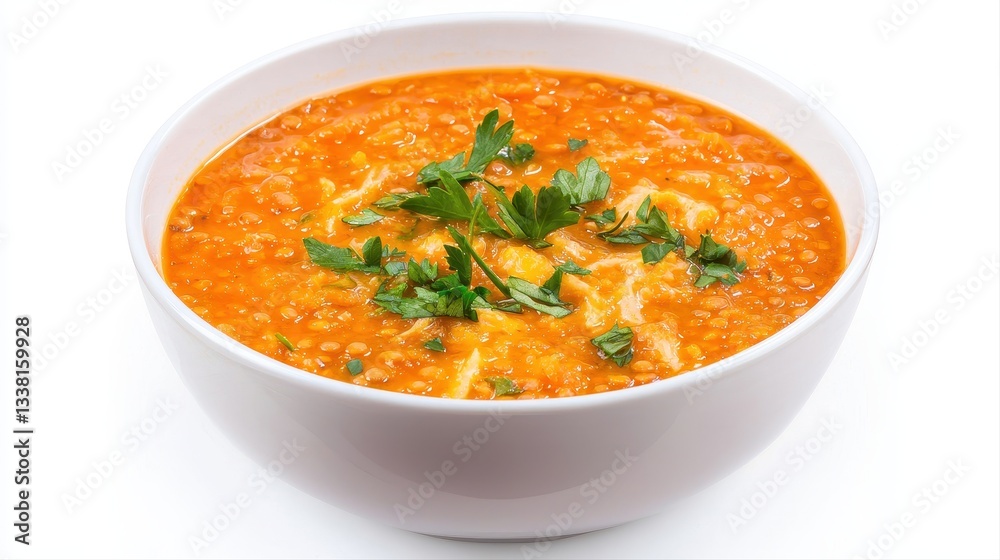 Creamy red lentil soup served in a rustic bowl, garnished with fresh green parsley adding a vibrant touch to the delicious, wholesome dish prepared with love Creamy red lentil soup served in a rustic bowl, garnished with fresh green parsley adding a vibrant touch to the delicious, wholesome dish prepared with love