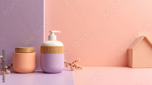 A bottle of lotion sits on a table next to a bottle of lotion. The bottles are purple and white. The table is on a pink background