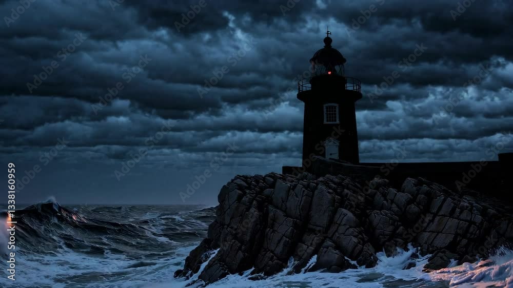 Dramatic lighthouse storm sequence: waves crash as beacon shines at night. 4k stock footage