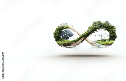 A creative eco-friendly concept featuring an infinity symbol made of nature, solar energy, and water, representing sustainability and diversity on a white copyspace background.







