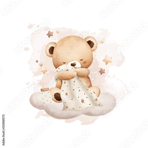 Watercolor Illustration Sleepy Baby Bear Holding Blanket Sits on Cloud with Stars
