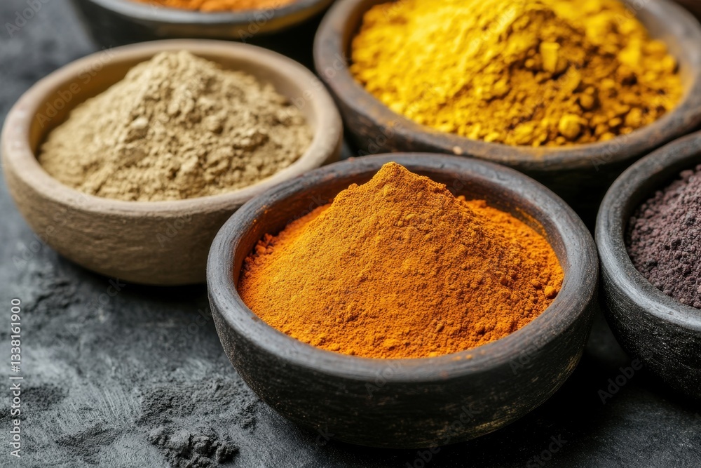 Various ground spices in wooden bowls on a textured dark surface. Perfect for illustrating cooking, healthy eating, or ethnic cuisine. Various ground spices in wooden bowls on a textured dark surface. Perfect for illustrating cooking, healthy eating, or ethnic cuisine.