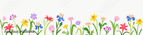 Floral border. Flower branches, horizontal banner. Colorful blossoms, blooming plants, summer nature design. Spring garden stems, iris, lily, daffodil, rose. Colored flat vector illustration
