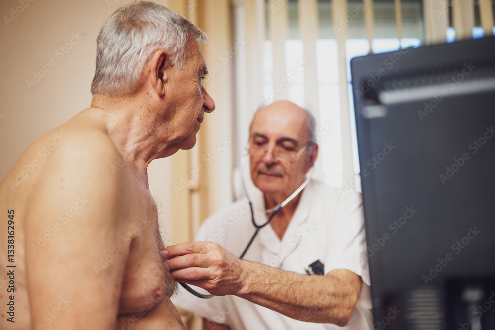 Obraz premium Patient is having exam at pulmonologist. Doctor is listening heart beats and lungs sound of his patient.
