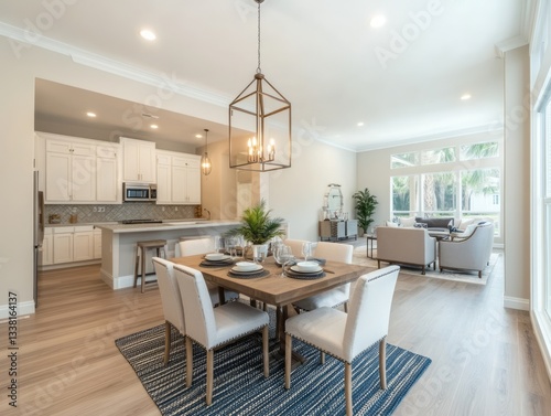 A well lit dining room and kitchen with an open floorplan
