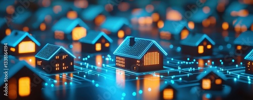 Illuminated miniature houses connected by glowing lines, showcasing digital innovation.