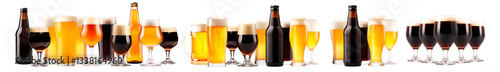 Collection of beer glasses and bottles in various styles isolated on white transparent background. Mugs with drink like Ipa, Pale Ale, Pilsner, Porter or Stout