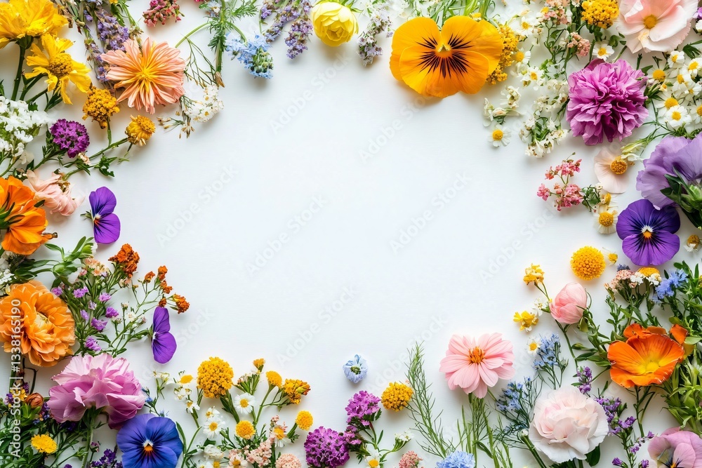 Obraz premium Vibrant frame of spring wildflowers ideal for creating greeting cards, seasonal promotions, and festive decor during spring events and holidays.