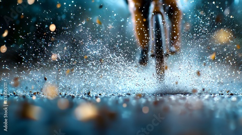 Cycling Through Puddle Creates Splashing Water Trail Cinematic Low Angle