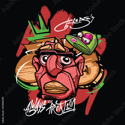 A vibrant and colorful graffiti-style vector illustration featuring a street art character